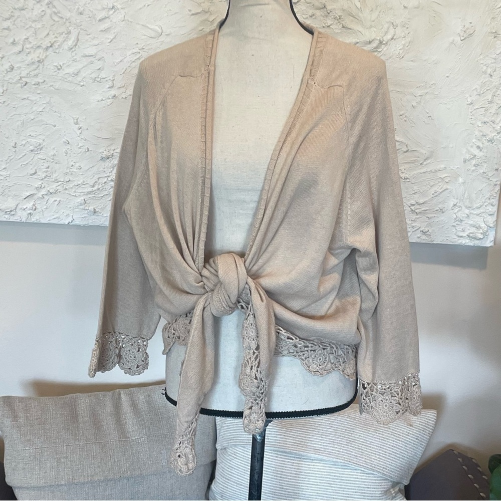Coldwater Creek Crochet Hem Front Tie Sweater Beige Ramie Sz 2X NWT $79